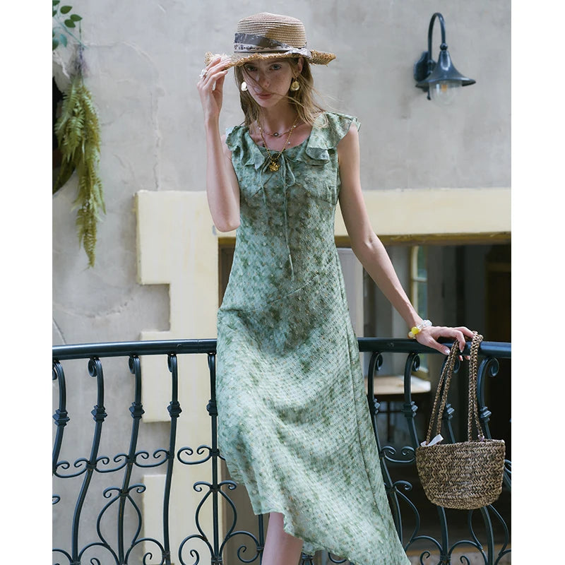 ELFSACK Ruffle Collar Sleeveless Midi Dress, Ditsy Floral Chiffon Waisted Dress, Vintage Daily Vacation Outfit for Women