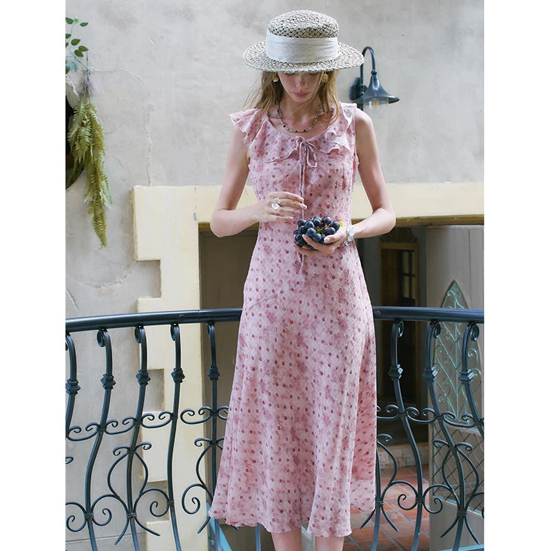 ELFSACK Ruffle Collar Sleeveless Midi Dress, Ditsy Floral Chiffon Waisted Dress, Vintage Daily Vacation Outfit for Women