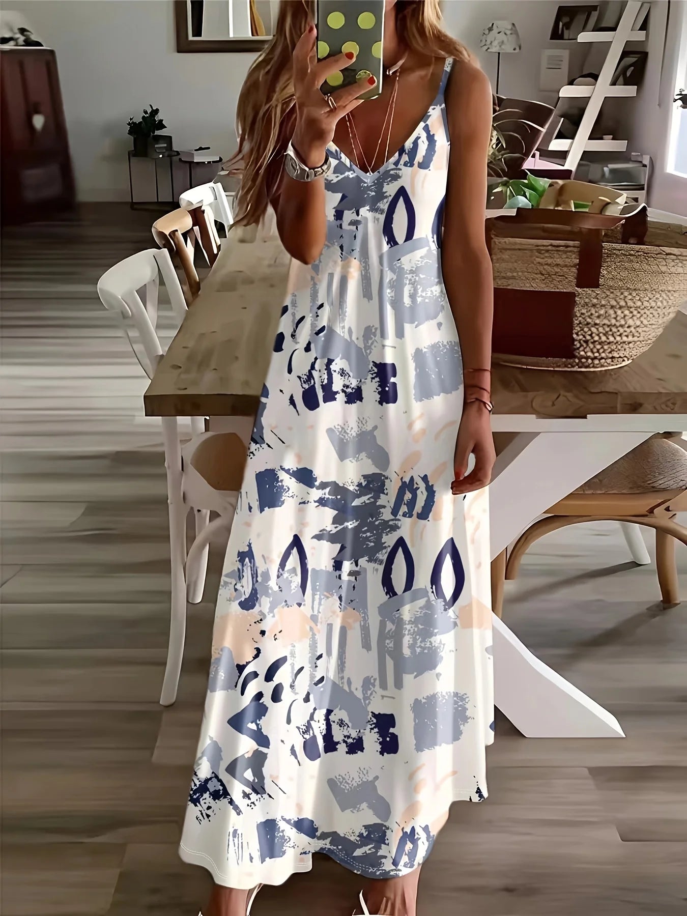 Printed Design Casual Graffiti Print Slip Dress