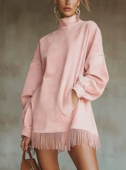 Woman Clothes Elegant Party Vintage Suede Tassel Fashion Long Sleeve high collar fringe Skirt Woman Mini Dresses Female clothing