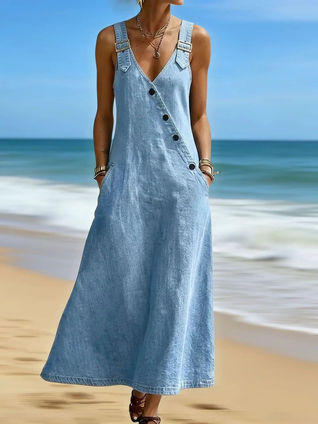 Women Solid Denim Dress Summer Fashion Adjustable Buckle Straps V Neck Diagonal Button Loose A Line Jean Dress Casual Outfit