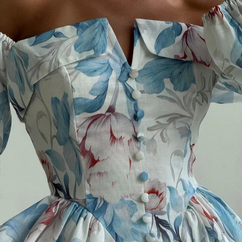 Summer New Long Sleeve Commute Short Dress Elegant One-shoulder Printed Evening Dress Temperament High Waist Women