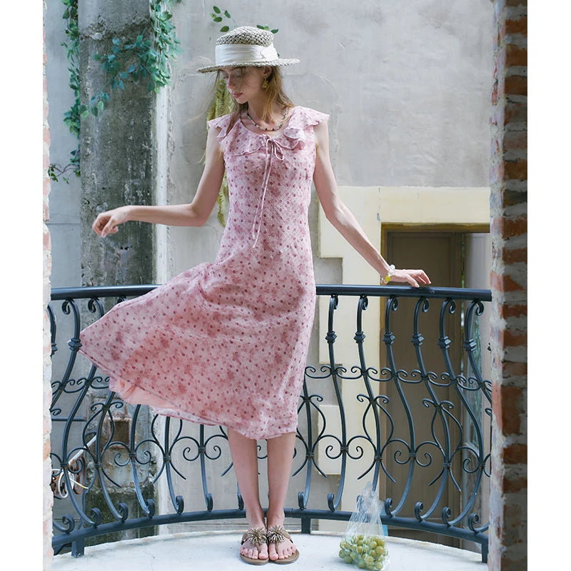 ELFSACK Ruffle Collar Sleeveless Midi Dress, Ditsy Floral Chiffon Waisted Dress, Vintage Daily Vacation Outfit for Women