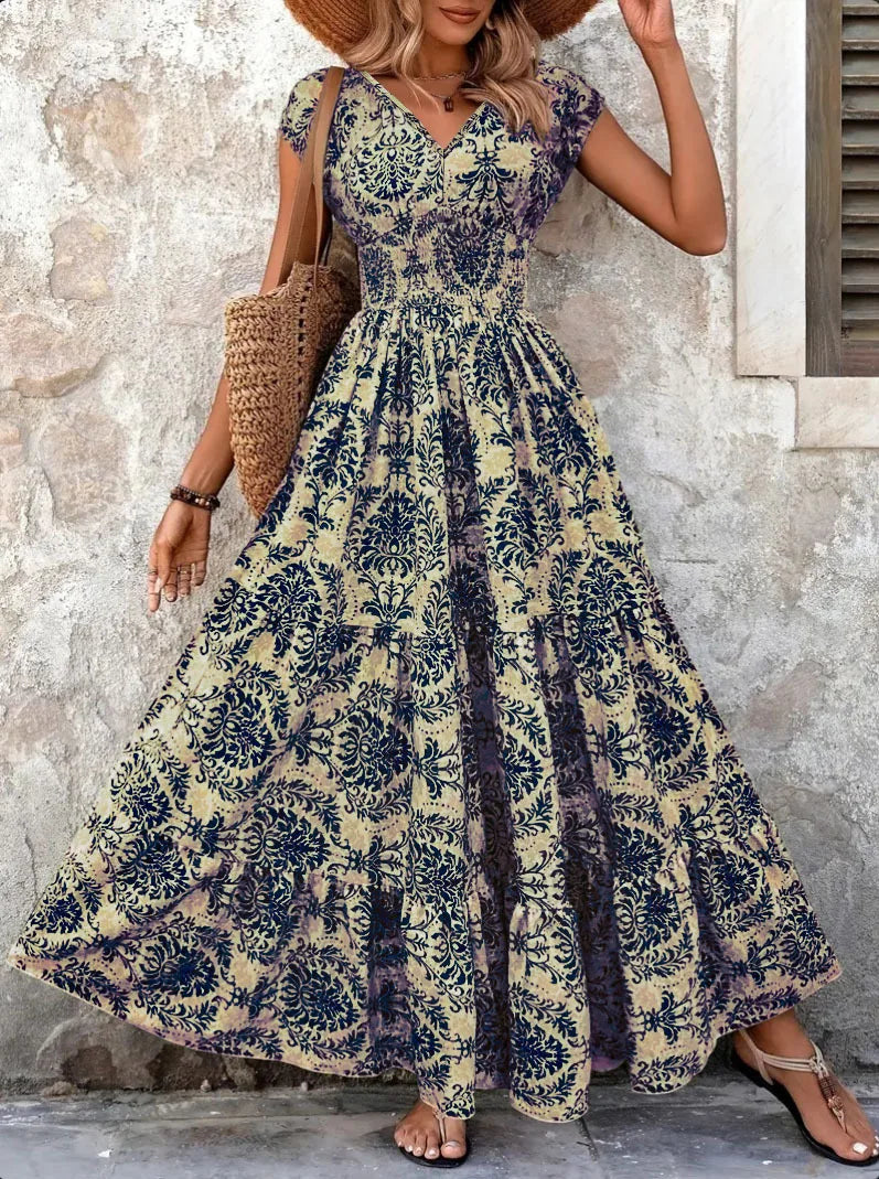 2026 Vintage Floral Print Dress Elegant V-Neck Short Sleeve Long Women