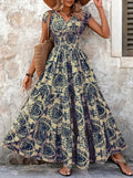 2026 Vintage Floral Print Dress Elegant V-Neck Short Sleeve Long Women