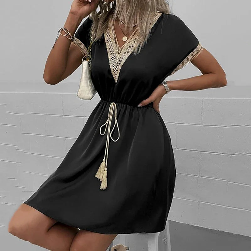 Summer Solid Short Sleeve Lace V Neck Waistband Female Beach Midi Short Dress Elegant Women