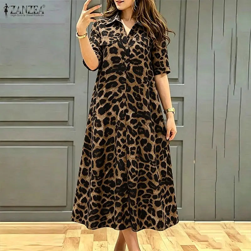 ZANZEA Women Summer Sundress Stylish Leopard Printed Dress Lapel Neck Short Sleeve Midi Robe Casual Baggy Work Dresses Oversize