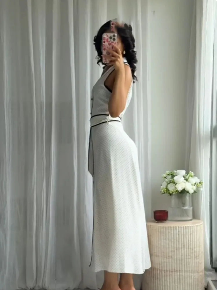 White Polka Dot Sleeveless Midi Dress Women Summer