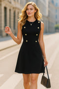 Womens Summer Sleeveless Button Mini Dress Crew Neck Work Mini Business Slim Casual Party Pencil Bodycon Sheath Dress