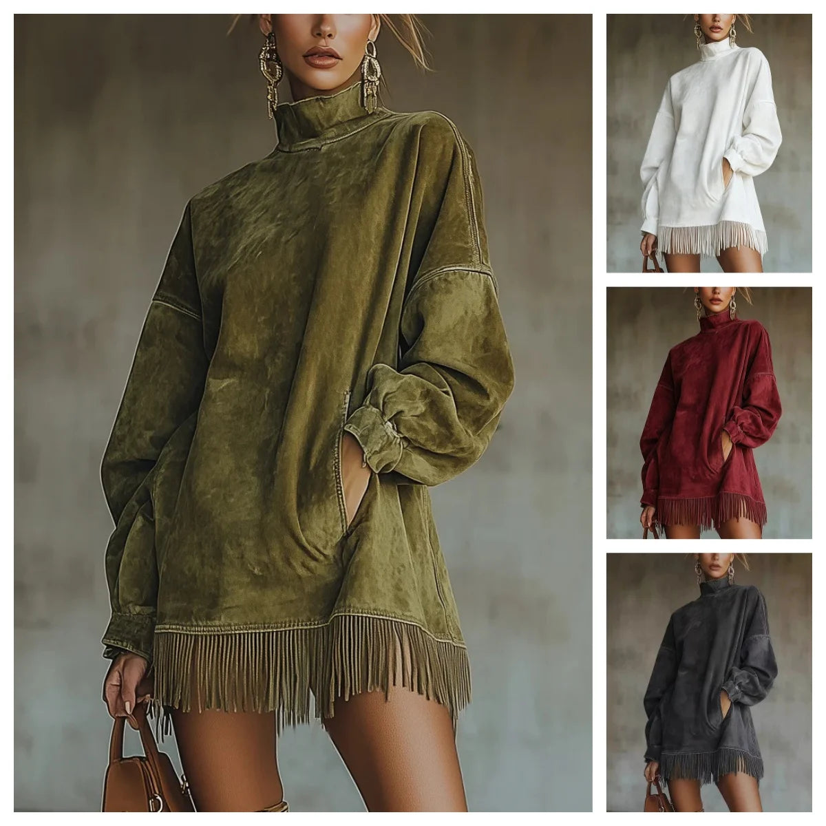 Woman Clothes Elegant Party Vintage Suede Tassel Fashion Long Sleeve high collar fringe Skirt Woman Mini Dresses Female clothing