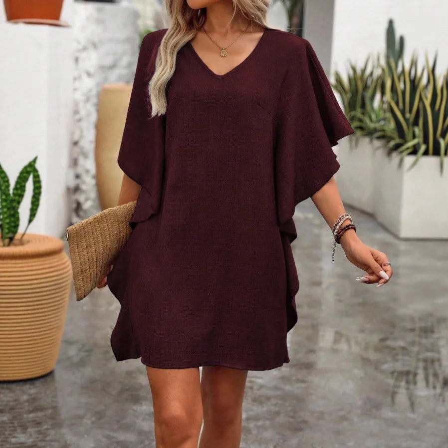 Summer Linen V-Neck Loose Dress, Casual Cape Sleeve Solid Color Vacation Short Tunic Dress