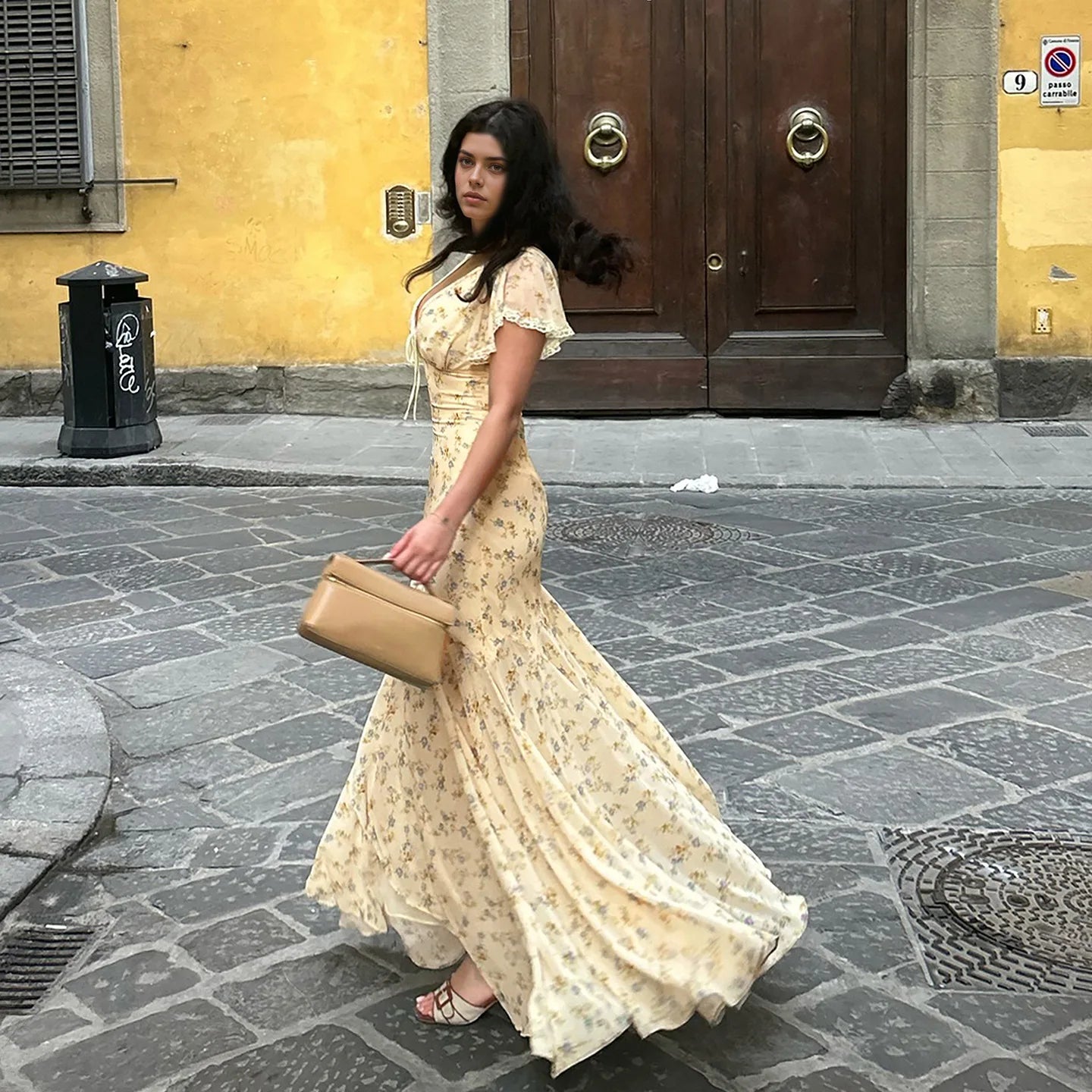 Suninbox Summer Elegant Floral Lace V-Neck Dress Ruffle Sleeve Tie Front Long Dress Garden Party Wedding Guest women