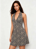 Lace V-Neck Halter Leopard Slim Skirt For Summer Women Mini Dress