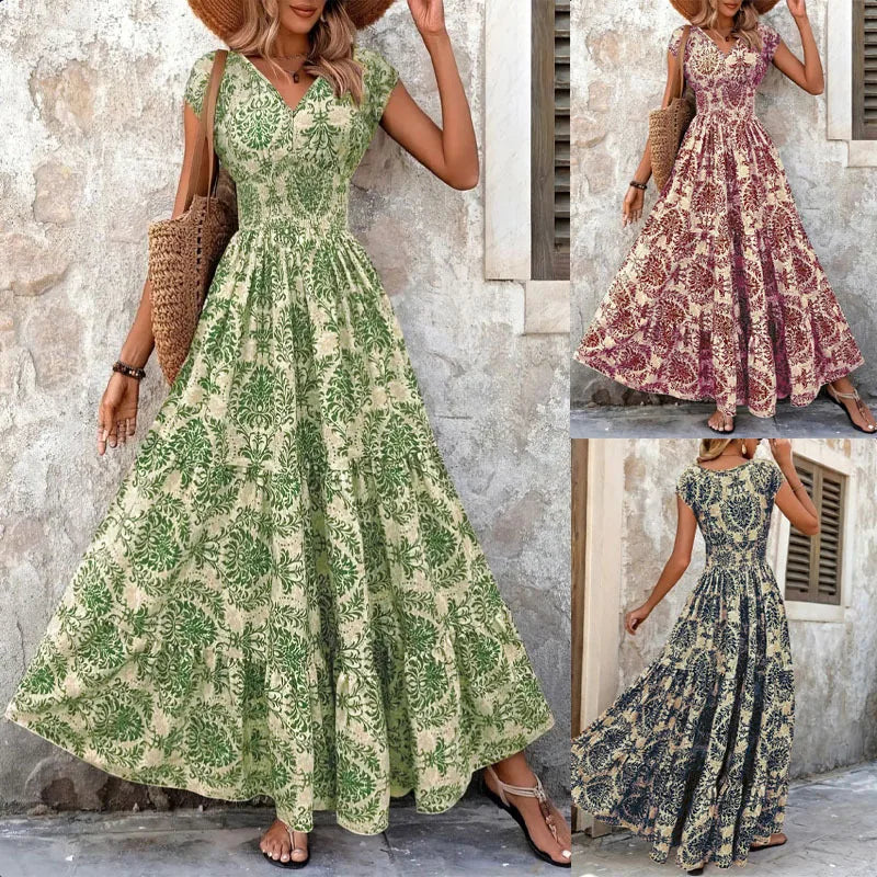 2026 Vintage Floral Print Dress Elegant V-Neck Short Sleeve Long Women