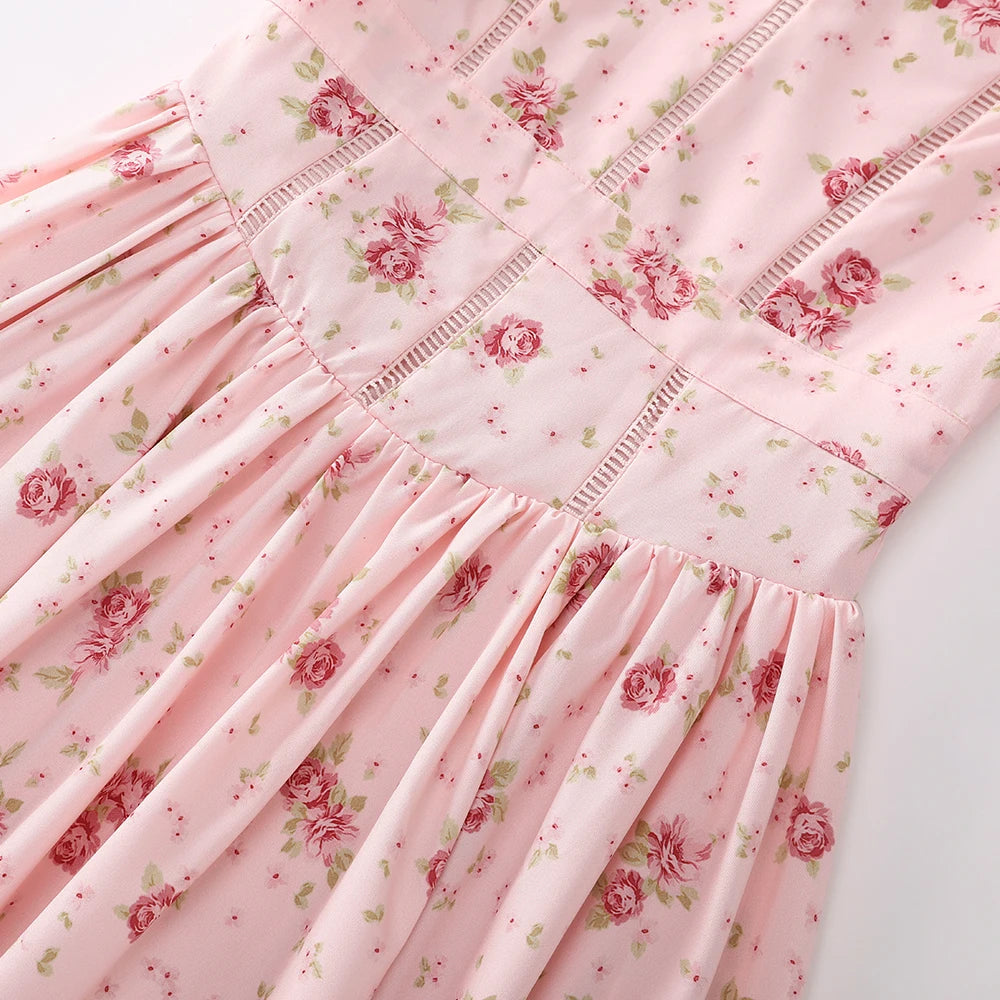 Suninheart Summer Pink Floral Print Spaghetti Strap Midi Dress Elegant Vintage Holiday Party Beach Wear Dress Women