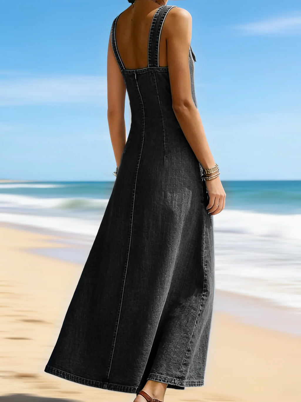 Women Solid Denim Dress Summer Fashion Adjustable Buckle Straps V Neck Diagonal Button Loose A Line Jean Dress Casual Outfit