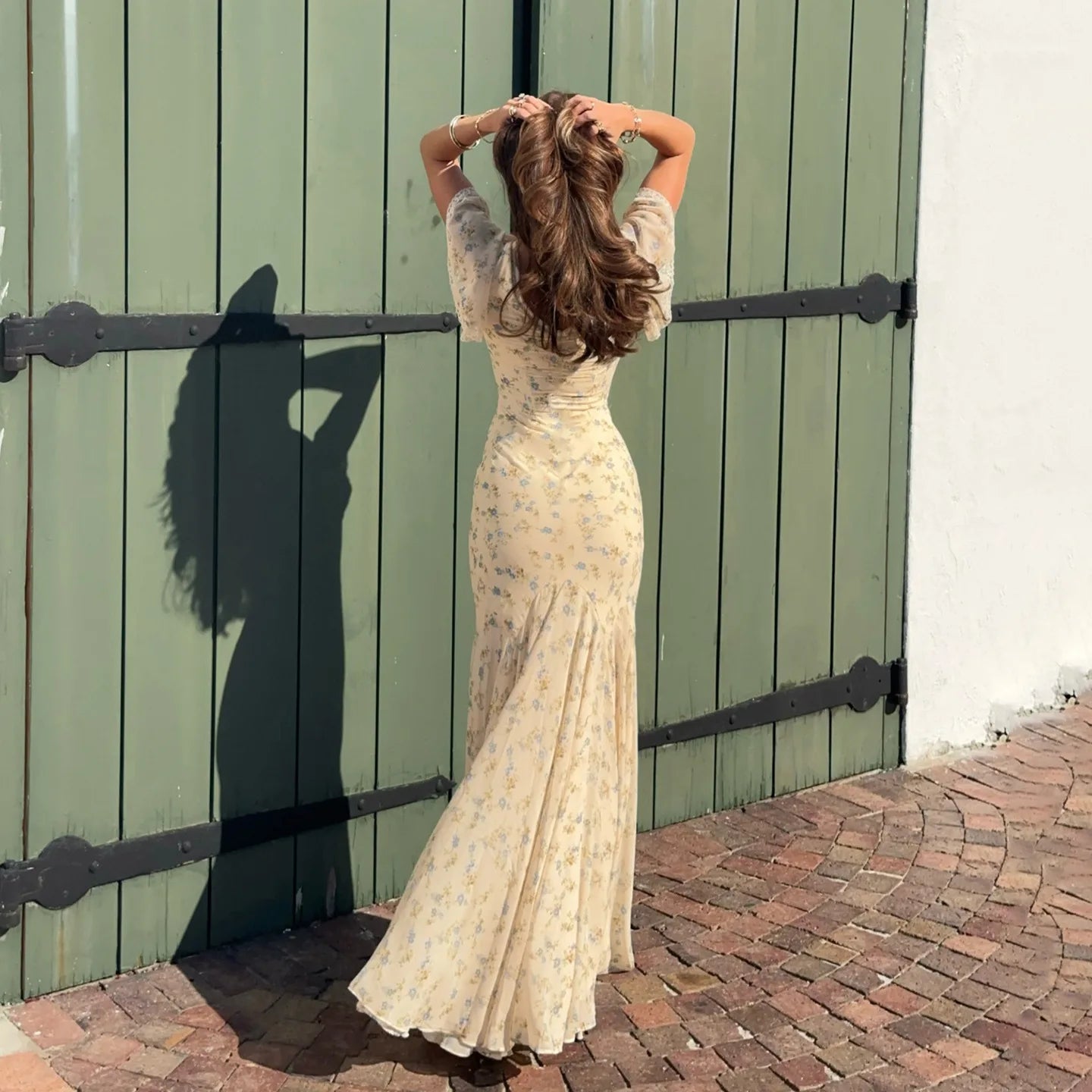 Suninbox Summer Elegant Floral Lace V-Neck Dress Ruffle Sleeve Tie Front Long Dress Garden Party Wedding Guest women