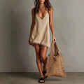2026 New Cross-Border European and American Vacation Home V-Neck Strapless Mini Solid Color Dress with Edge Decoration
