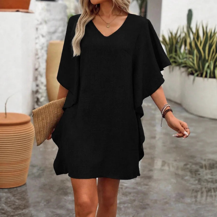 Summer Linen V-Neck Loose Dress, Casual Cape Sleeve Solid Color Vacation Short Tunic Dress
