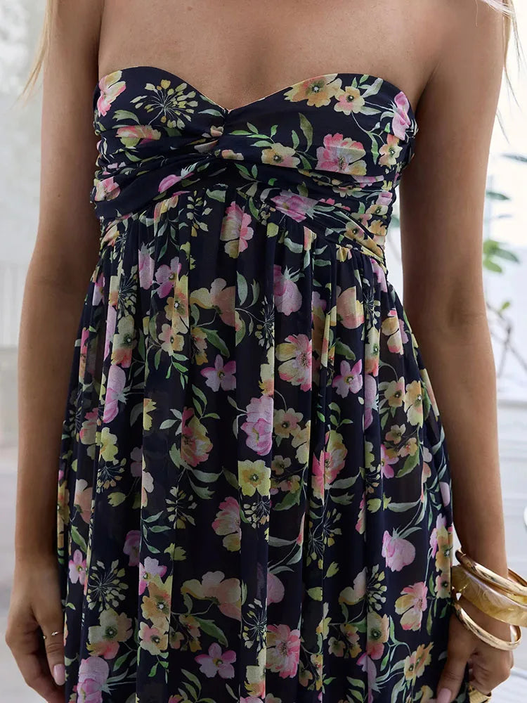 Vintage Print Sleeveless Beach Vacation Dress Sexy Backless Cross Tie Pleated Dress Elegant Strapless Off Shoulder A-Line Dress
