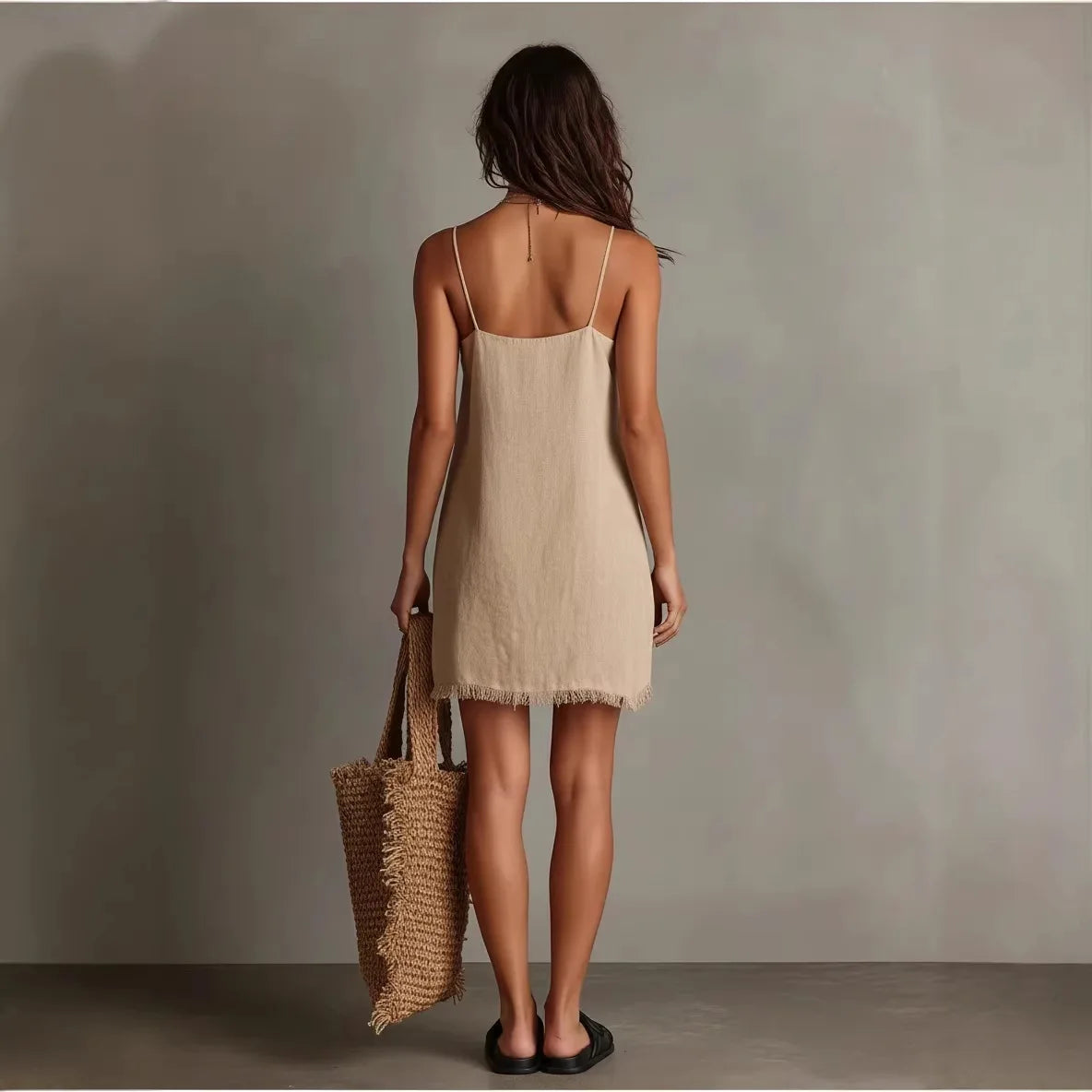 2026 New Cross-Border European and American Vacation Home V-Neck Strapless Mini Solid Color Dress with Edge Decoration