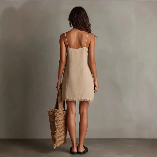 2026 New Cross-Border European and American Vacation Home V-Neck Strapless Mini Solid Color Dress with Edge Decoration