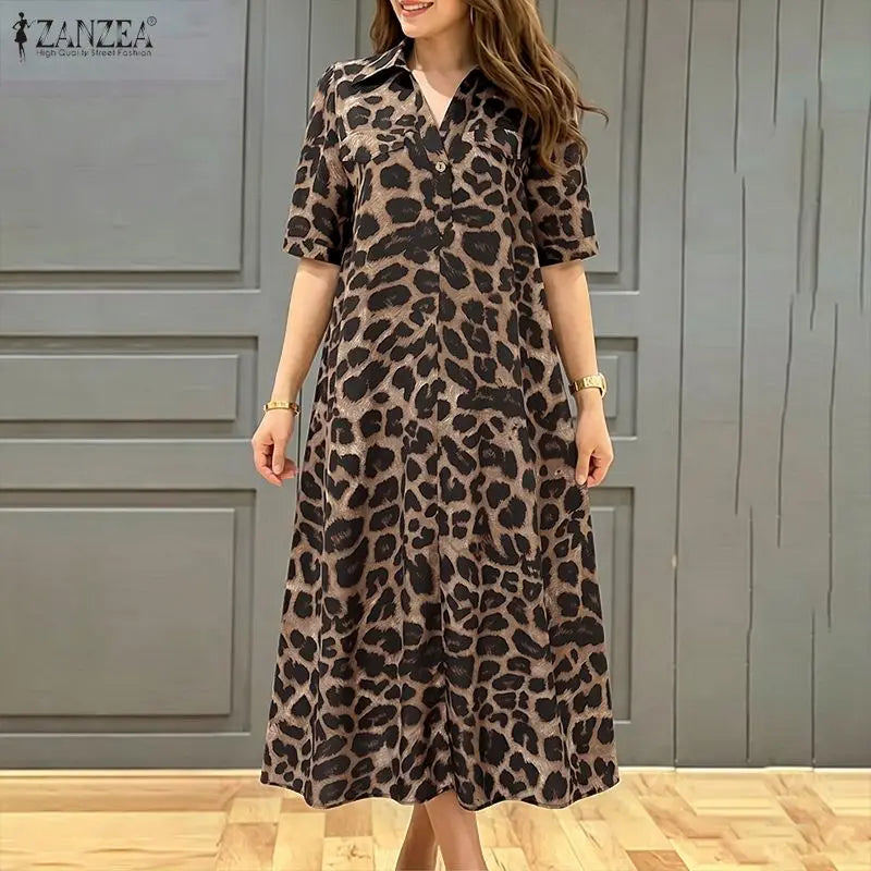 ZANZEA Women Summer Sundress Stylish Leopard Printed Dress Lapel Neck Short Sleeve Midi Robe Casual Baggy Work Dresses Oversize