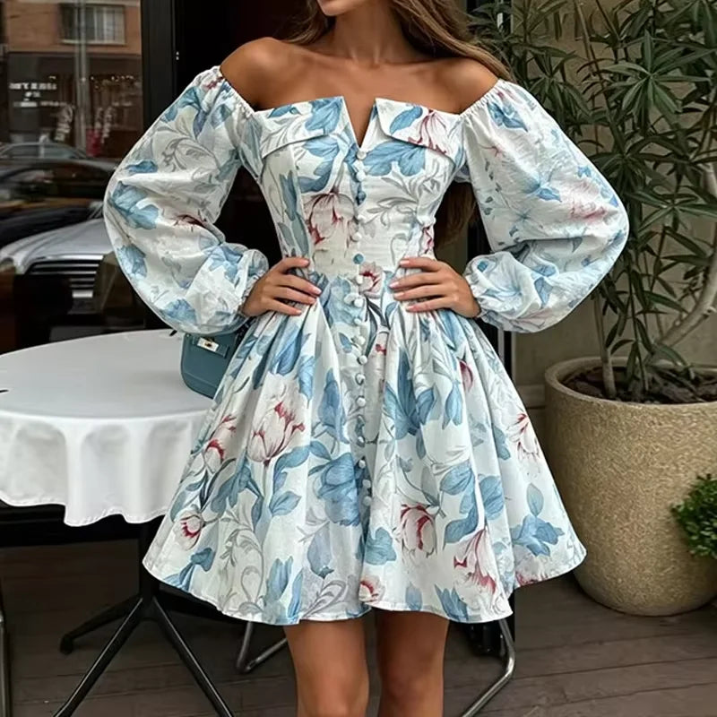 Summer New Long Sleeve Commute Short Dress Elegant One-shoulder Printed Evening Dress Temperament High Waist Women