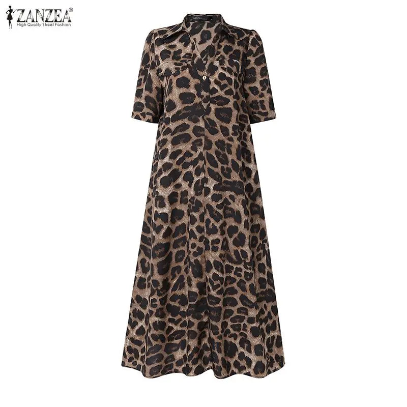 ZANZEA Women Summer Sundress Stylish Leopard Printed Dress Lapel Neck Short Sleeve Midi Robe Casual Baggy Work Dresses Oversize