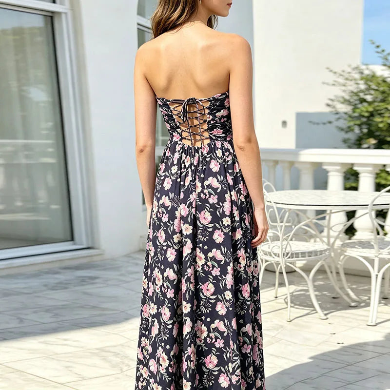 Vintage Print Sleeveless Beach Vacation Dress Sexy Backless Cross Tie Pleated Dress Elegant Strapless Off Shoulder A-Line Dress