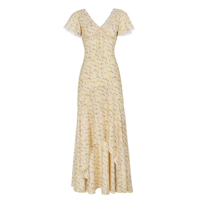 Suninbox Summer Elegant Floral Lace V-Neck Dress Ruffle Sleeve Tie Front Long Dress Garden Party Wedding Guest women