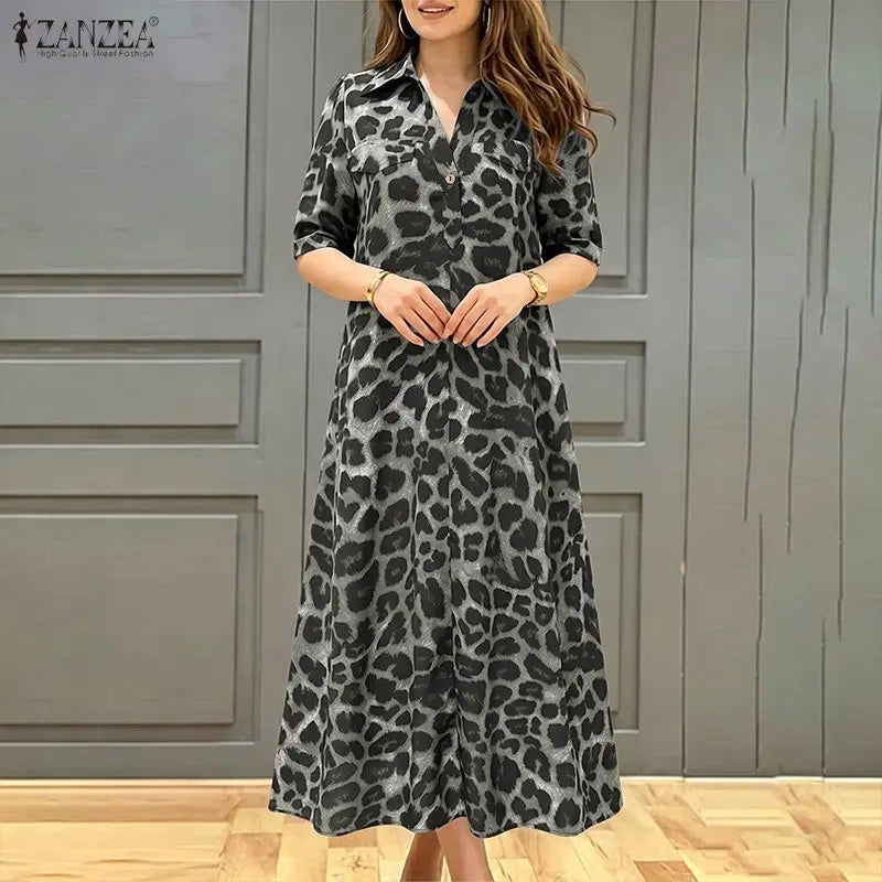 ZANZEA Women Summer Sundress Stylish Leopard Printed Dress Lapel Neck Short Sleeve Midi Robe Casual Baggy Work Dresses Oversize