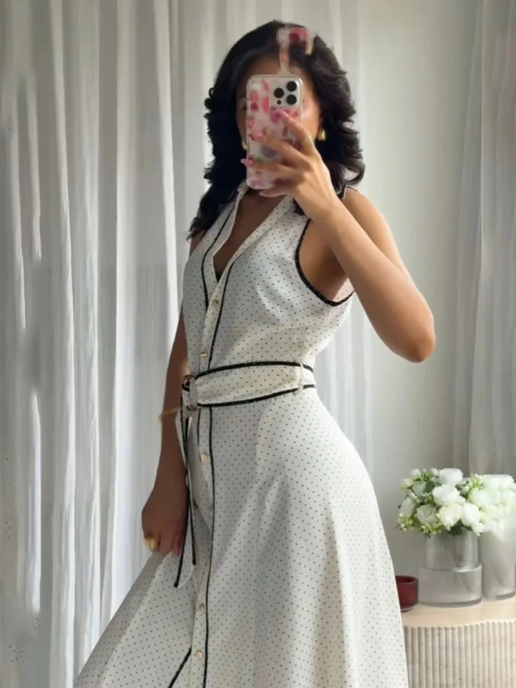 White Polka Dot Sleeveless Midi Dress Women Summer