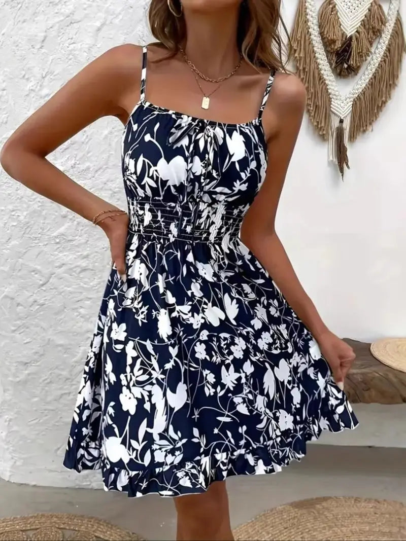 Vintage Floral Print Tie-Up Slip Dress, Flattering, Versatile, Beach Resort Style Mini Dress Dressed in Party