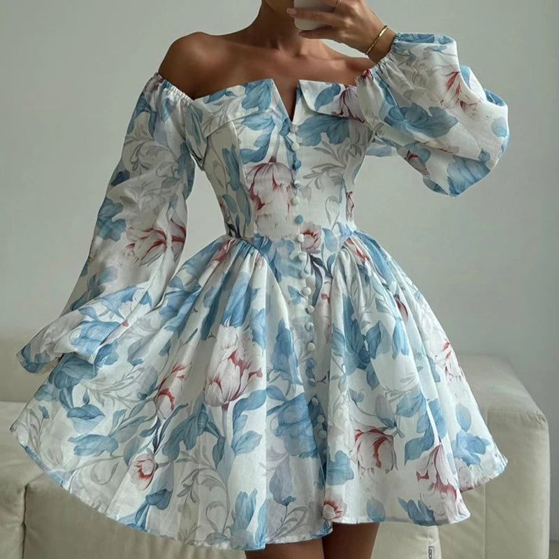 Summer New Long Sleeve Commute Short Dress Elegant One-shoulder Printed Evening Dress Temperament High Waist Women