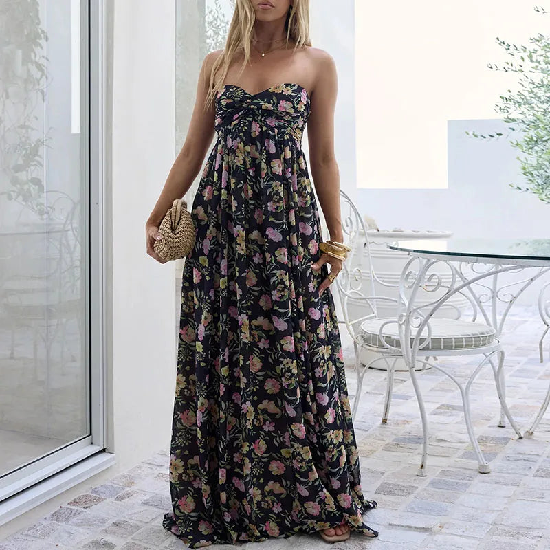 Vintage Print Sleeveless Beach Vacation Dress Sexy Backless Cross Tie Pleated Dress Elegant Strapless Off Shoulder A-Line Dress