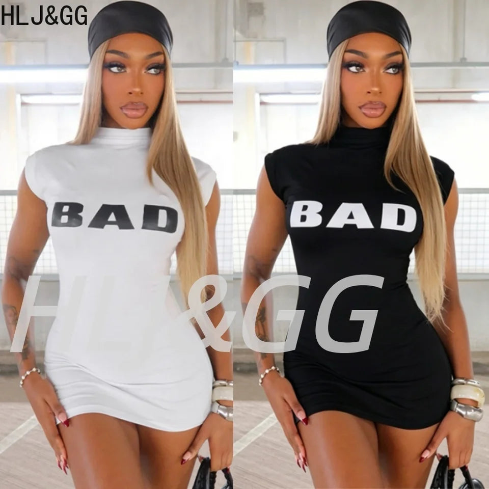 HLJ&GG Summer New Letter Print High Collar Bodycon Mini Dresses Women Sleeveless Slim Vestidos Fashion Female Streetwear 2026