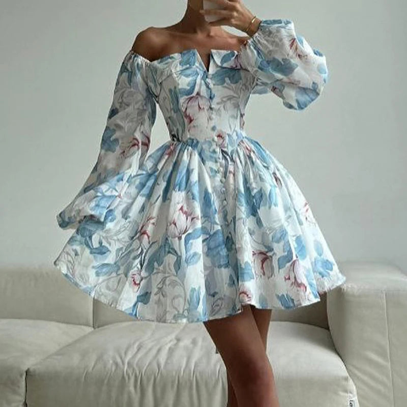 Summer New Long Sleeve Commute Short Dress Elegant One-shoulder Printed Evening Dress Temperament High Waist Women