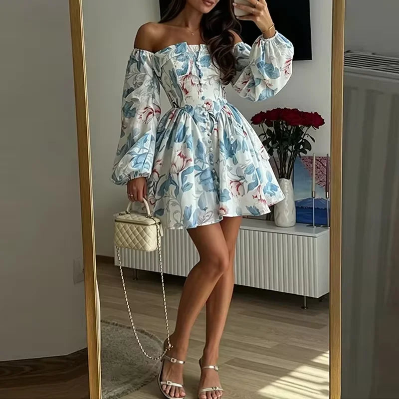 Summer New Long Sleeve Commute Short Dress Elegant One-shoulder Printed Evening Dress Temperament High Waist Women