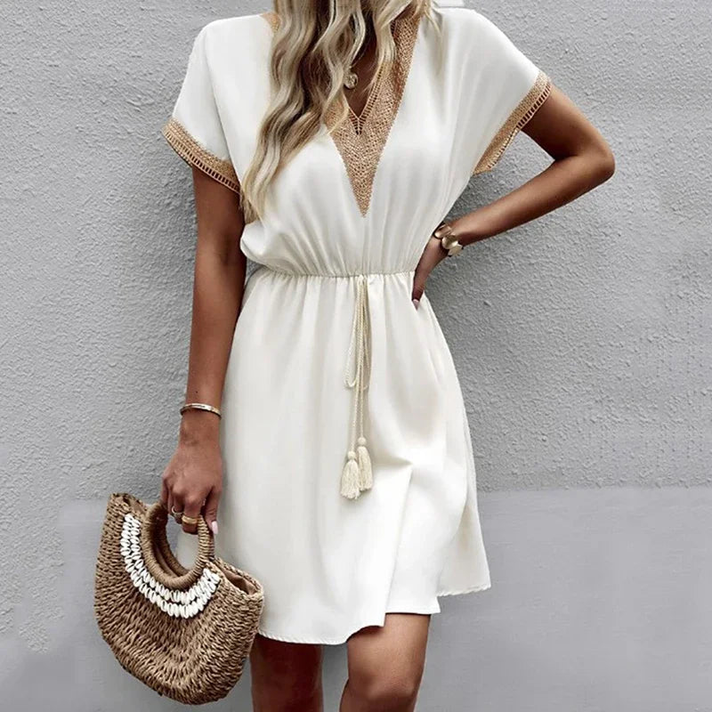 Summer Solid Short Sleeve Lace V Neck Waistband Female Beach Midi Short Dress Elegant Women