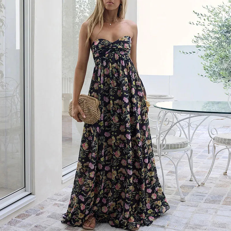Vintage Print Sleeveless Beach Vacation Dress Sexy Backless Cross Tie Pleated Dress Elegant Strapless Off Shoulder A-Line Dress
