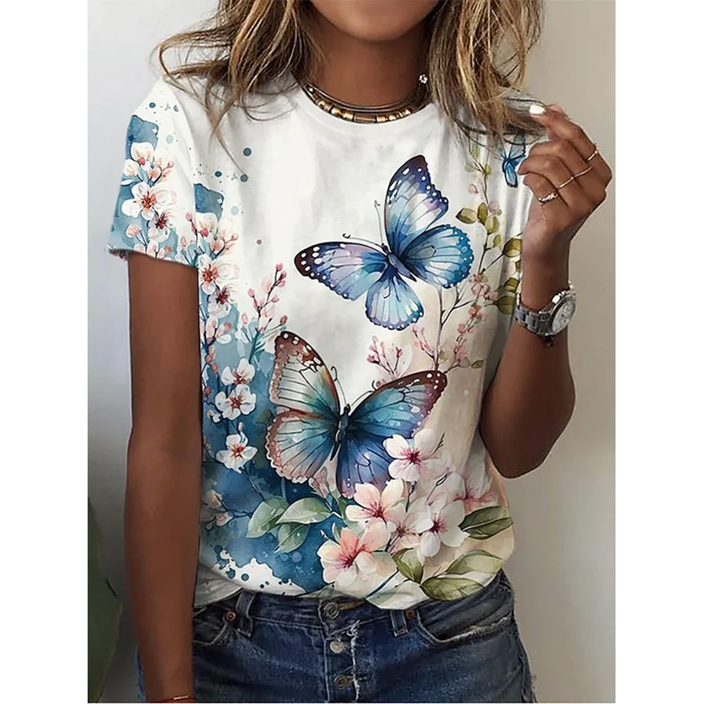 2024 New O-Neck 3d Butterfly Print T Shirt Women
