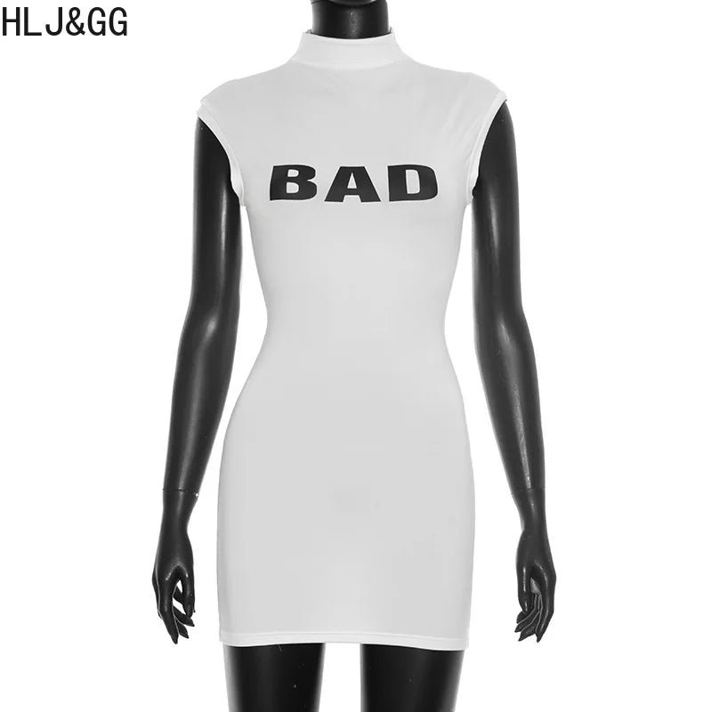 HLJ&GG Summer New Letter Print High Collar Bodycon Mini Dresses Women Sleeveless Slim Vestidos Fashion Female Streetwear 2026