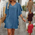 Summer Linen V-Neck Loose Dress, Casual Cape Sleeve Solid Color Vacation Short Tunic Dress