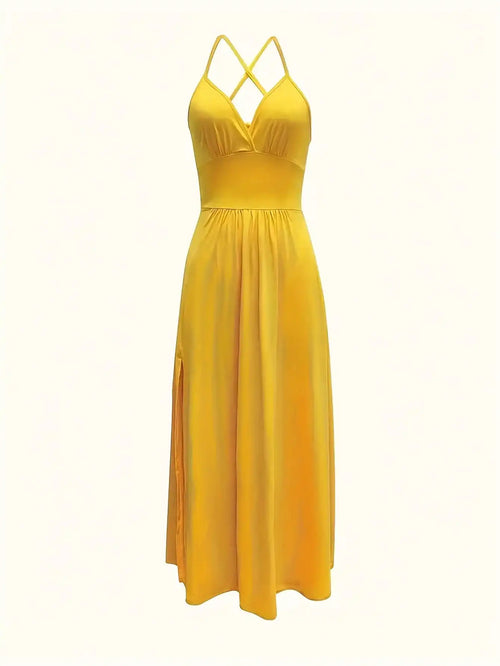 2026 Casual Sexy Slit Lace-Up Backless Camisole Dress, Elegant Sleeveless V-Neck Cinched Waist Dress, Women