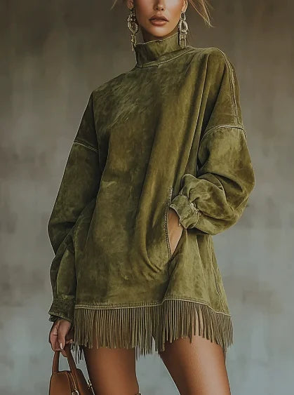 Woman Clothes Elegant Party Vintage Suede Tassel Fashion Long Sleeve high collar fringe Skirt Woman Mini Dresses Female clothing