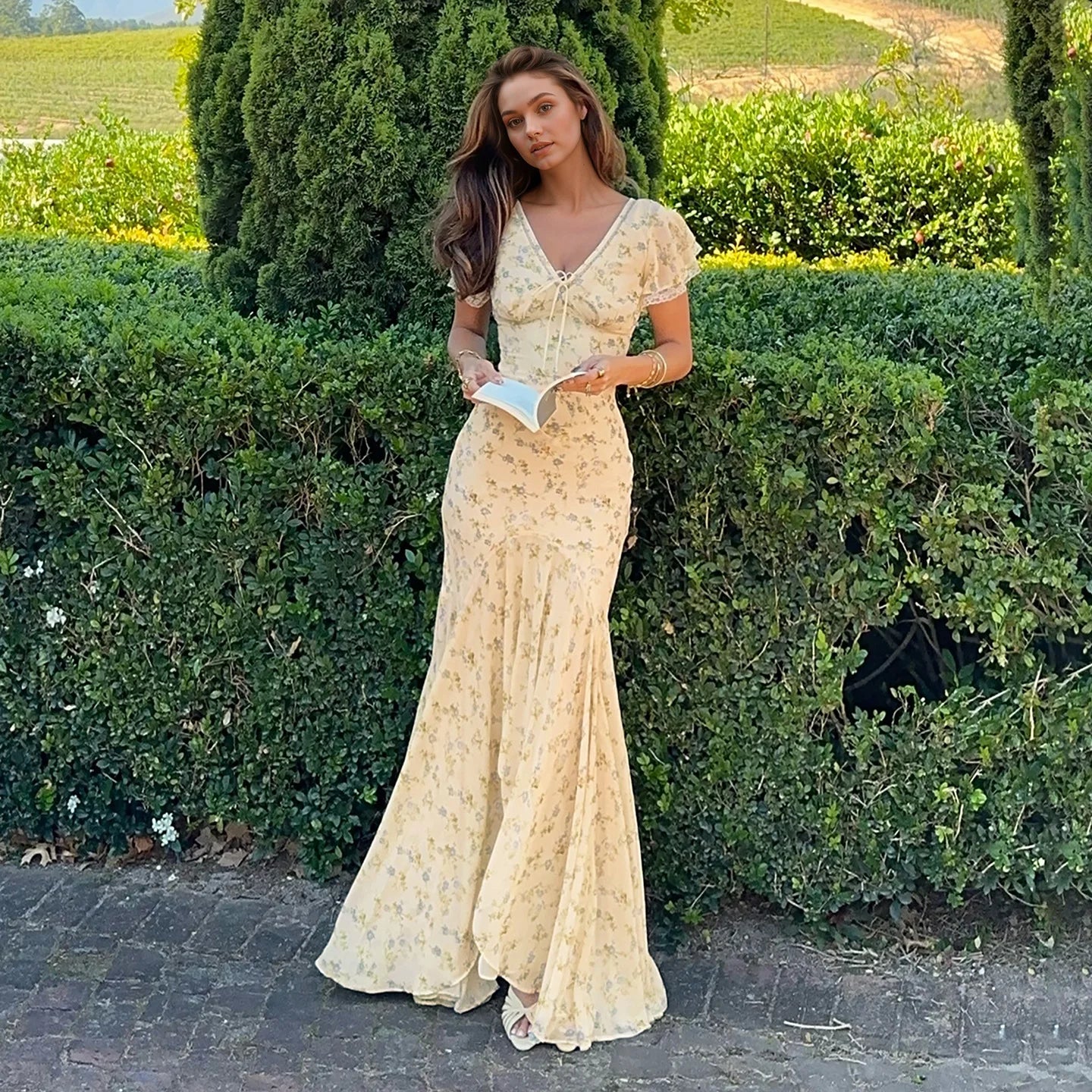 Suninbox Summer Elegant Floral Lace V-Neck Dress Ruffle Sleeve Tie Front Long Dress Garden Party Wedding Guest women