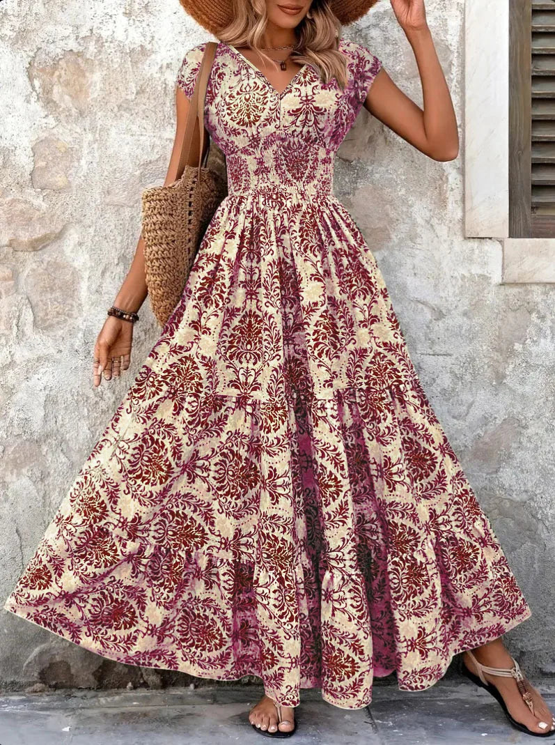 2026 Vintage Floral Print Dress Elegant V-Neck Short Sleeve Long Women