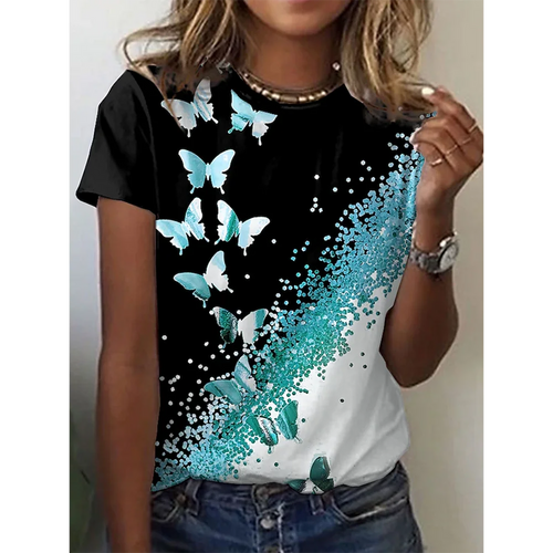 2024 New O-Neck 3d Butterfly Print T Shirt Women