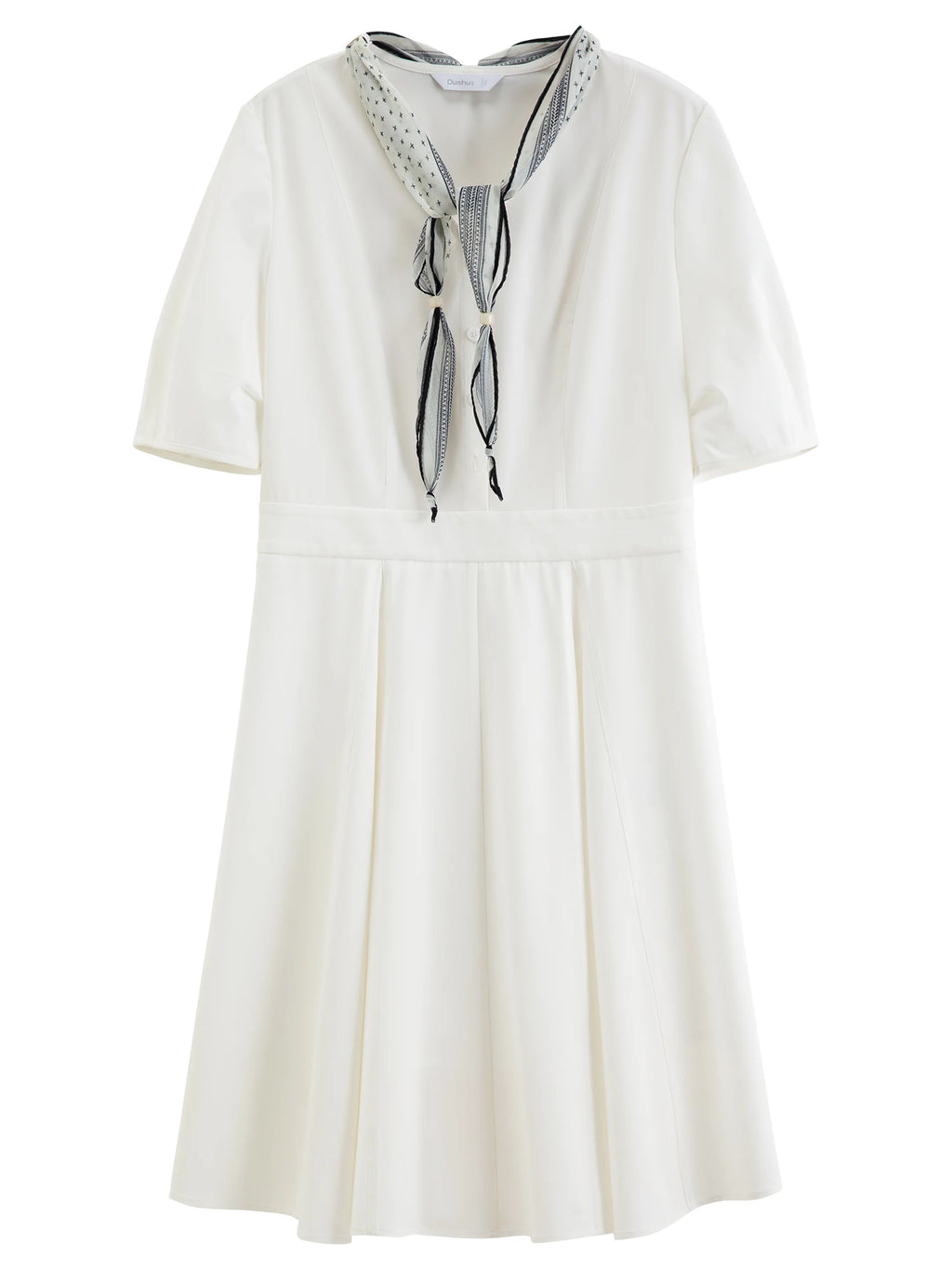 DUSHU 2026 Summer White A-Line Midi Dress Waist-Cinching Tie Detail with Complimentary Scarf Effortless Office to Weekend Style